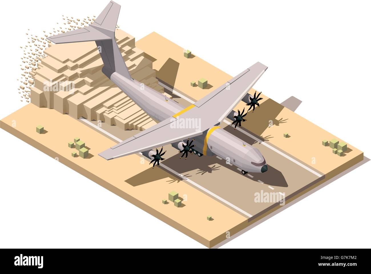 Vector isometric low poly desert airstrip with humanitarian or military cargo airplane landing on dusty runway Stock Vector