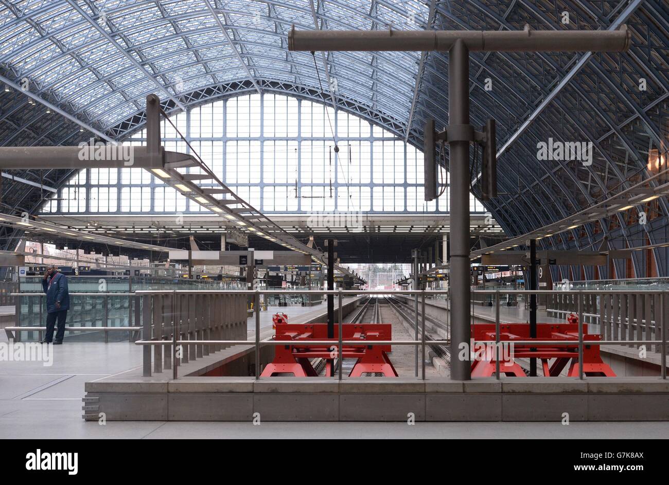 Empty platforms at St Pancras station in London, as Eurotunnel services have resumed but customers are told to expect delays following the lorry fire which left thousands of passengers stranded on either side of the Channel. Stock Photo