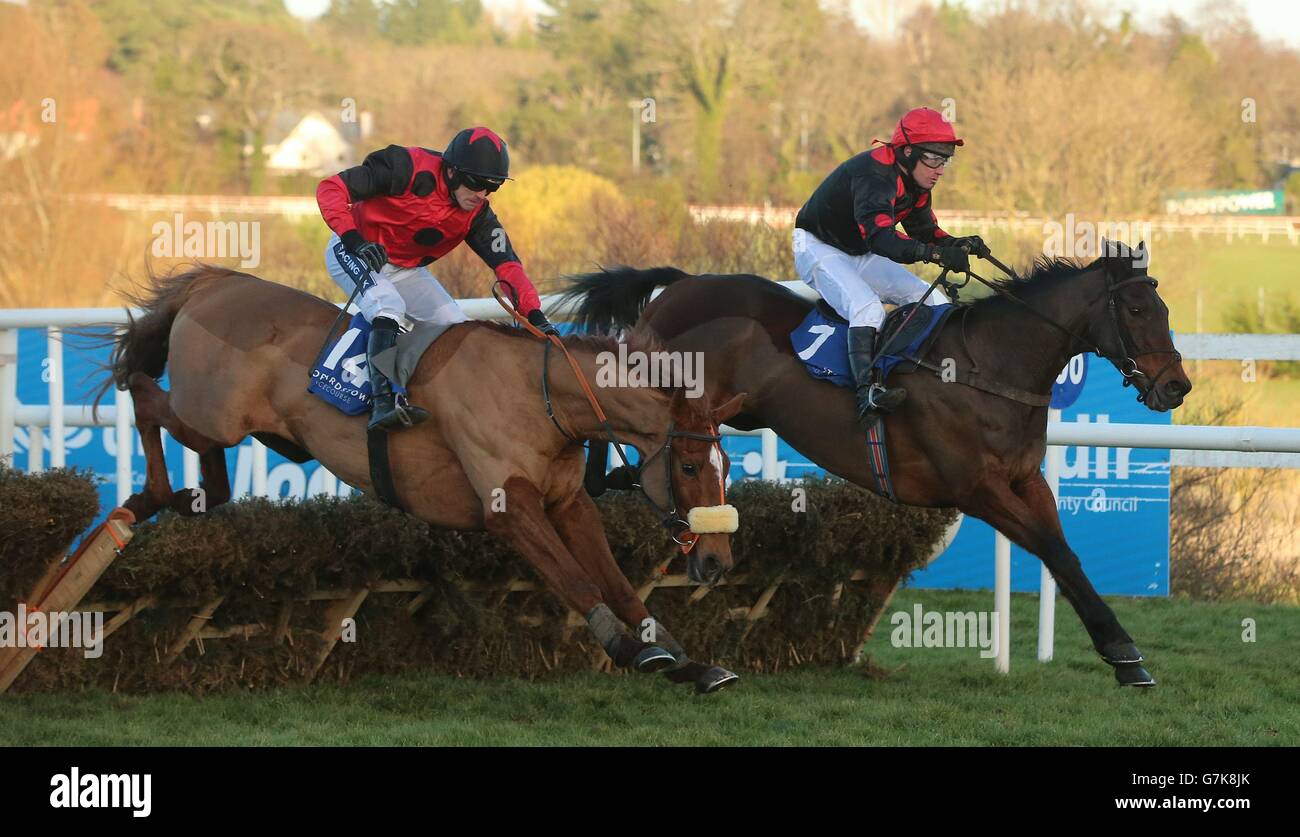 Mydor ridden by Ruby Walsh jumps the last to win The Leopardstown Club Members Handicap Hurdle at Leopardstown Racecourse, Dublin, Ireland. Stock Photo