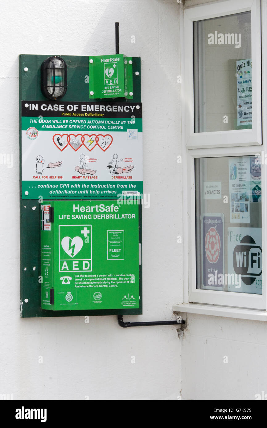 Heart safe Automated External Defibrillator attached to a stone wall