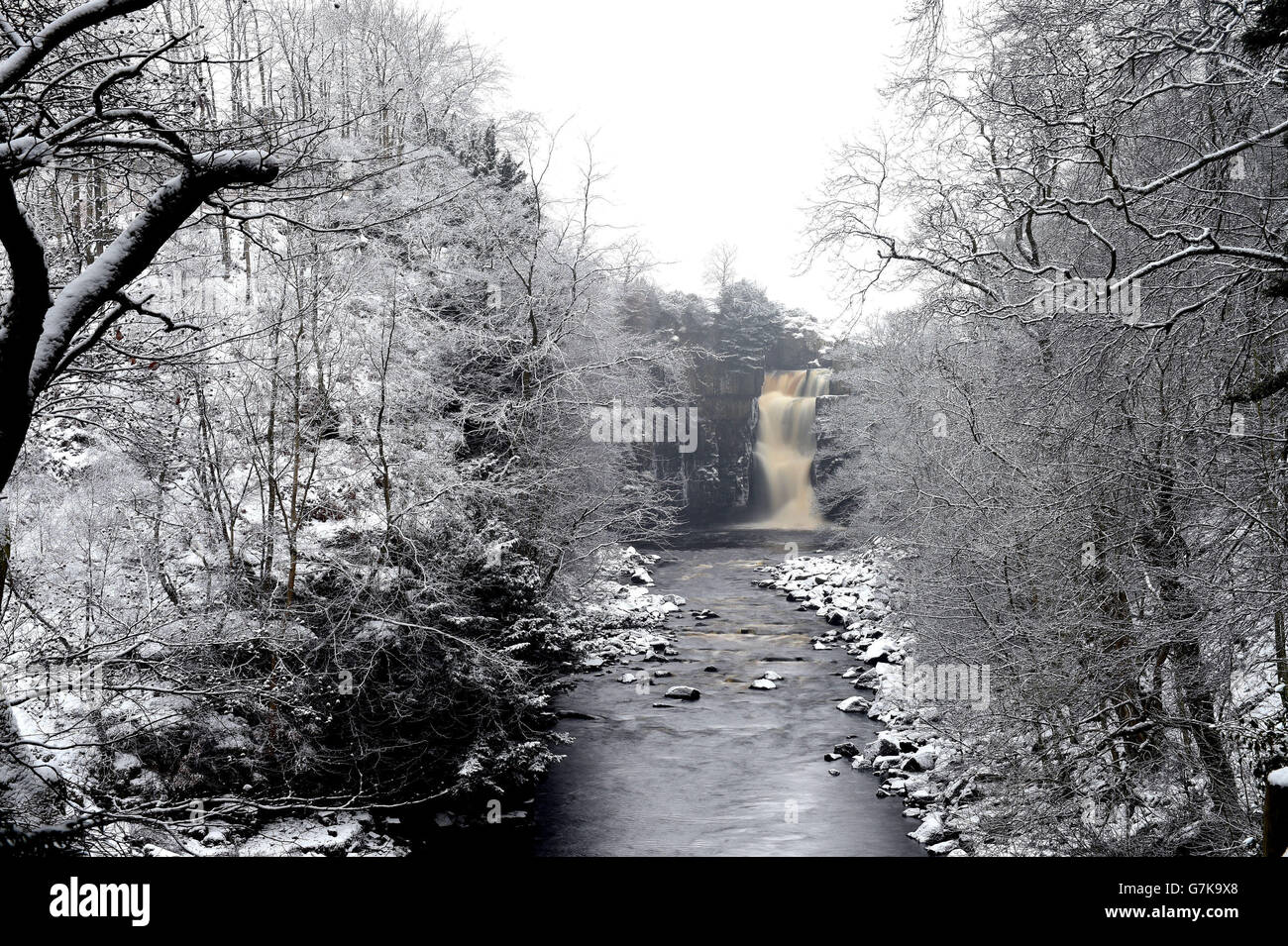 A general view of High Force waterfall in County Durham, where there was heavy snowfall. Stock Photo
