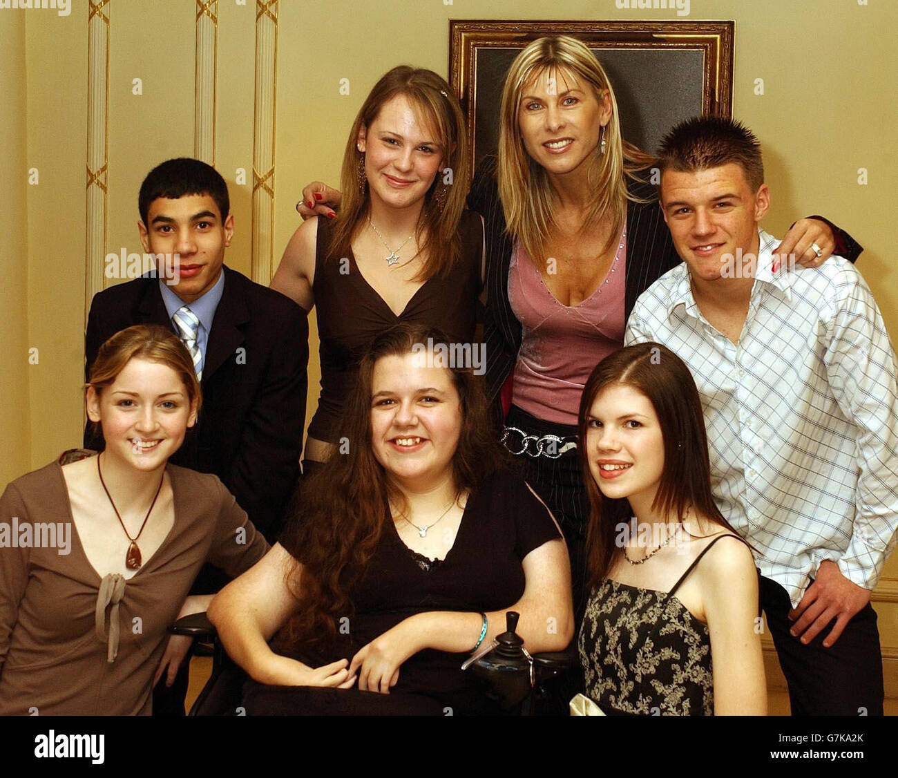 The winners of the Champion children of the year, pose with former British Olympic swimmer Sharron Davies MBE, at a gala luncheon in aid of the NSPCC, at the Millennium Hotel. The winners are (top row, from left to right) Marc Branch, 16 from Streatham, Emma Campbell, 16 from Liverpool, Sharron Davies, Ben Middleton, 15 from Leicester, (bottom row, from left) Katy Wooly, 15 from Exeter, Leanne Beetham, 17 from Hull, and Danielle Baker, 14 from Cheshire. Stock Photo