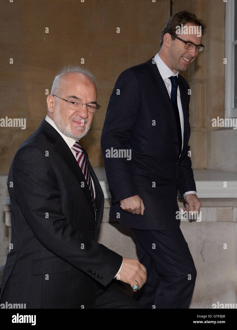 Iraqi foreign minister Ibrahim al-Jaafari (left) arrives at Lancaster House in London to attend the Small Group of the Global Coalition to Counter ISIL one day meeting, hosted by British foreign secretary Philip Hammond. Stock Photo