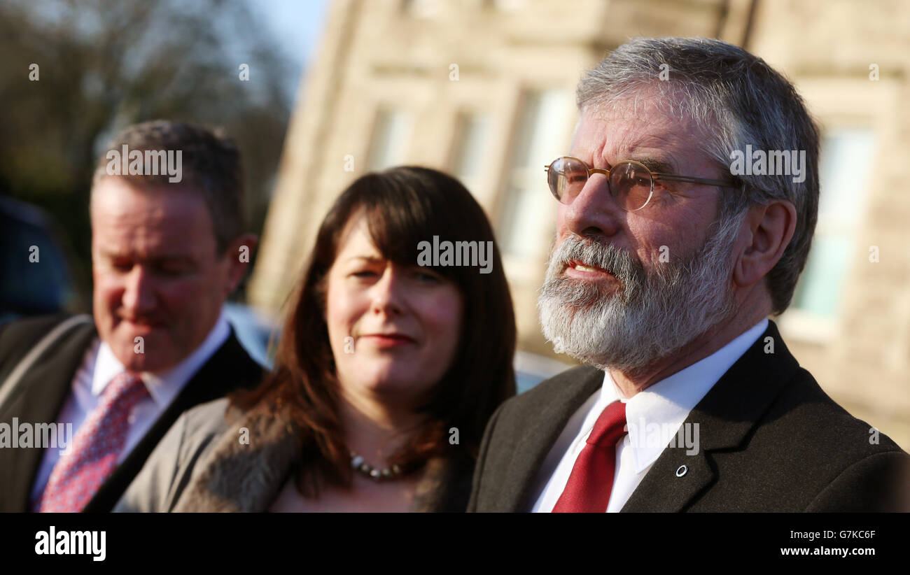 Sinn Fein's Conor Murphy, Michelle Gildernew and Leader Gerry Adams speaking to the media after a meeting with Labour leader Ed Miliband at Stormont Castle today. Stock Photo