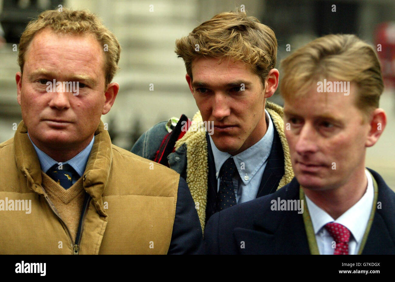 (From left to right) Robert Thame, Luke Tomlinson, and Andrew Elliot who appeared charged under section 5 of the Public Order Act, along with five others, after entering the House of Commons chamber during a debate on a Bill to ban fox-hunting, along with seven others. All eight protesters denied charges of disorderly conduct and were granted unconditional bail. Stock Photo