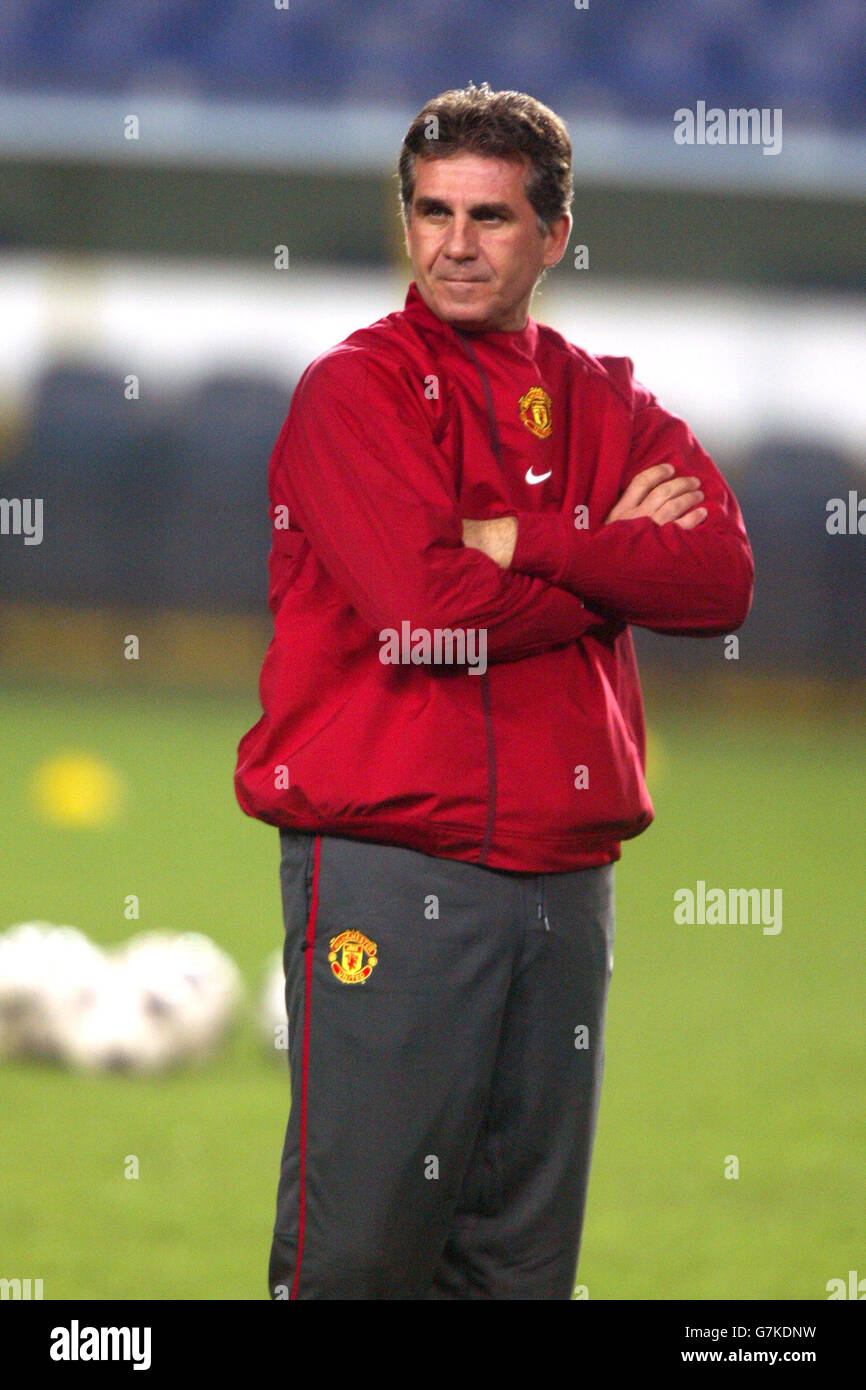 Manchester uniteds carlos queiroz c during training at the stadium hi