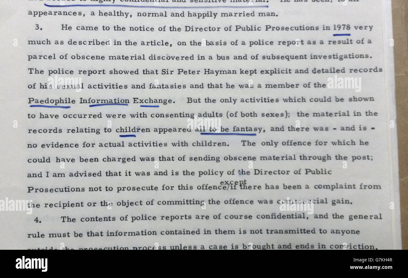 A section of the previously secret file released by the Cabinet Office to the National Archives in Kew, south west London, which outlines official investigations into Sir Peter Hayman, who was accused of being a paedophile in Parliament by MP Geoffrey Dickens in 1983. Stock Photo