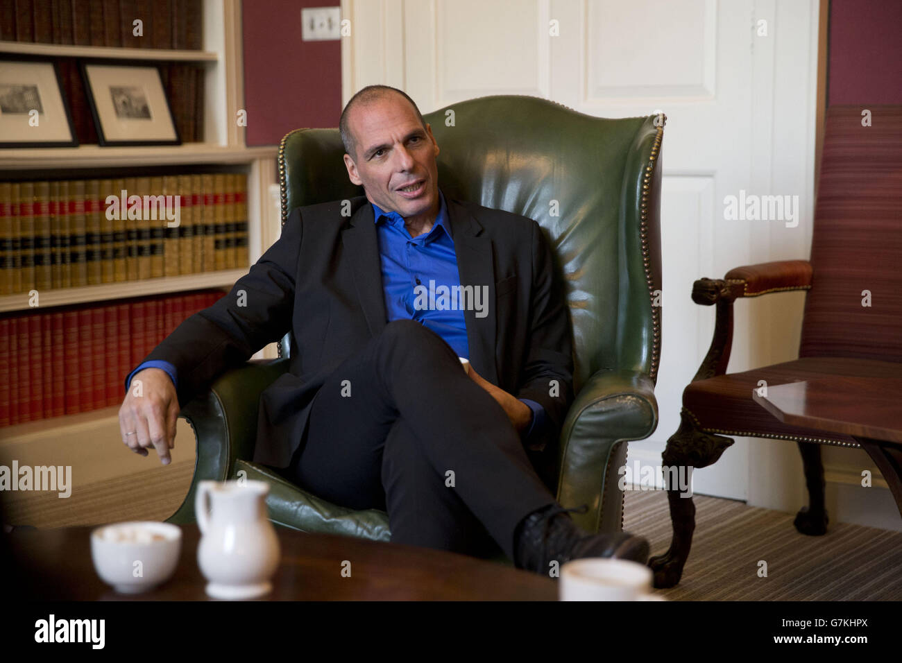 Greece's new anti-austerity finance minister Yanis Varoufakis during a meeting at 11 Downing Street in London, where he met Chancellor George Osborne. Stock Photo