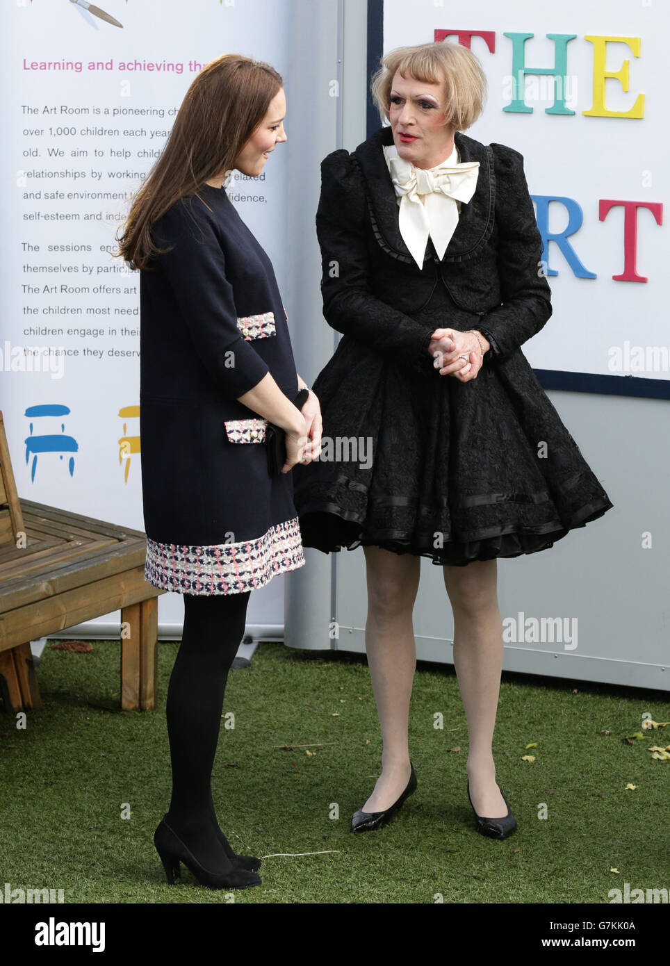 The Duchess of Cambridge (left) with Grayson Perry at Barlby Primary School, in London, where she will officially name The Clore Art Room - a national charity which offers art as therapy to children and young people aged five to 16 who are facing challenges in their lives. PRESS ASSOCIATION Photo. Picture date: Thursday January 15, 2015. Photo credit should read: Yui Mok/PA Wire Stock Photo