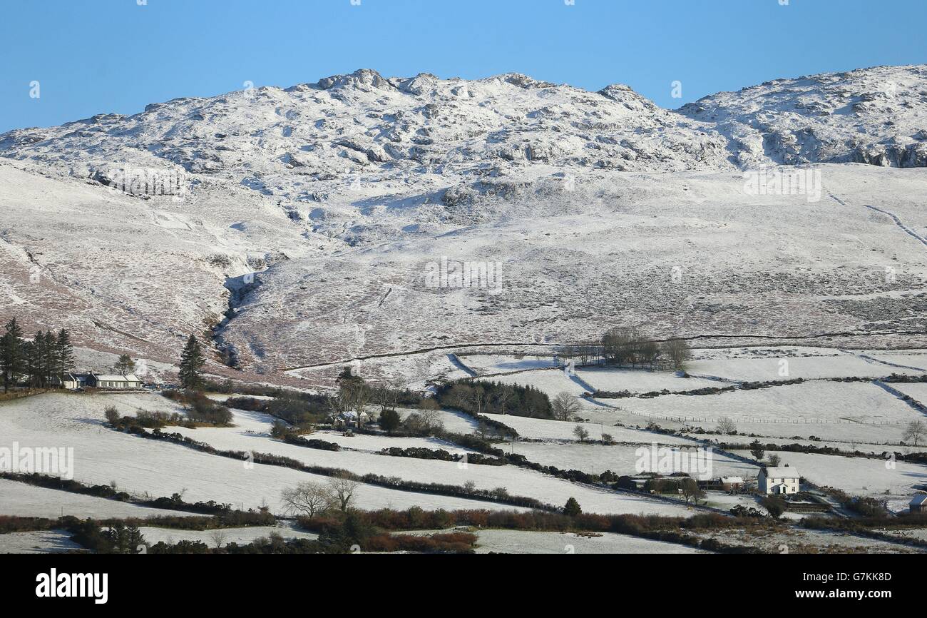 Snowy scenes in the Cooley Mountains in County Louth, as temperatures drop across Ireland. Stock Photo