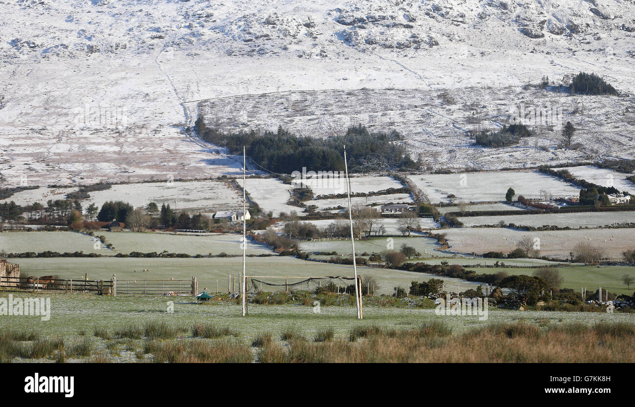 Winter weather Jan 16th 2015. A set of Gaelic football nets in the Cooley Mountains in County Louth, as temperatures drop across Ireland. Stock Photo