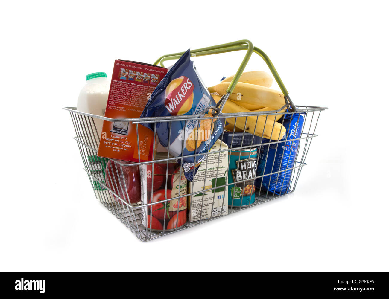 Shopping basket full of food including fresh fruit, vegetables indicating a weekly family shop Stock Photo