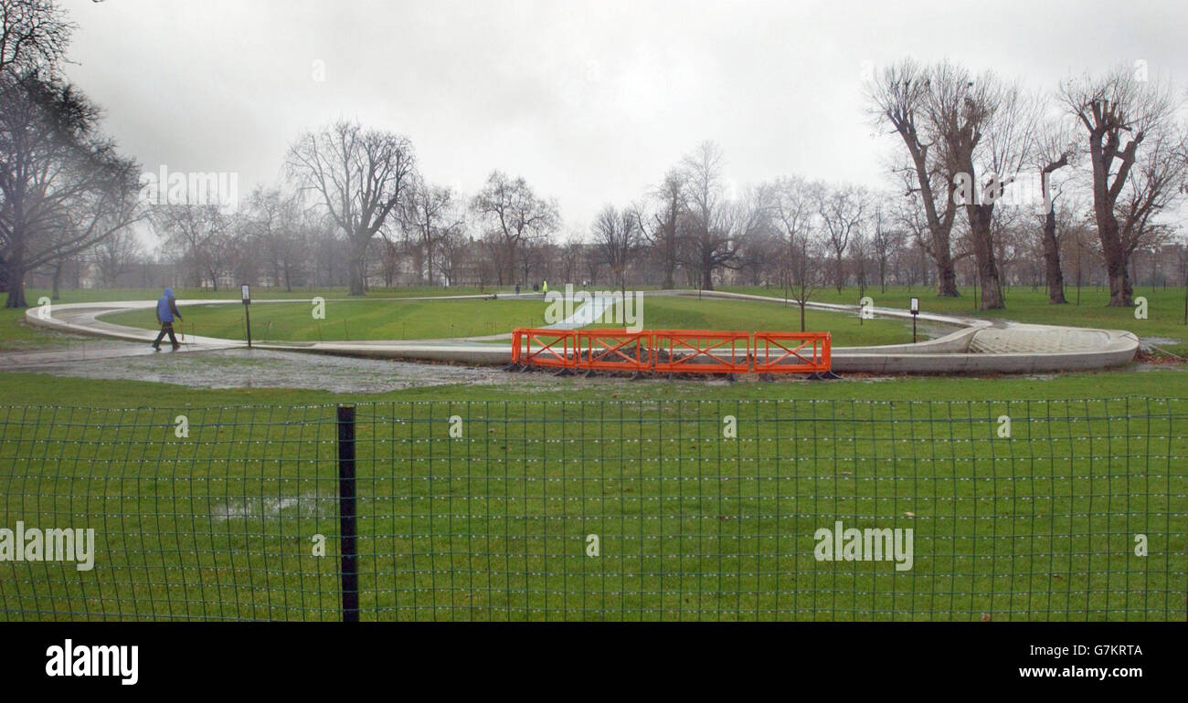 The landscape surrounding the ring of water is sodden and a sorry sight while officials decide how to rescue the project. A trench has now been dug to investigate drainage, ahead of restoration work due to begin in the New Year. 'The area is fenced off and the hole is being filled in today, but the fountain is still open to the public,' said a Royal Parks spokesman. Stock Photo