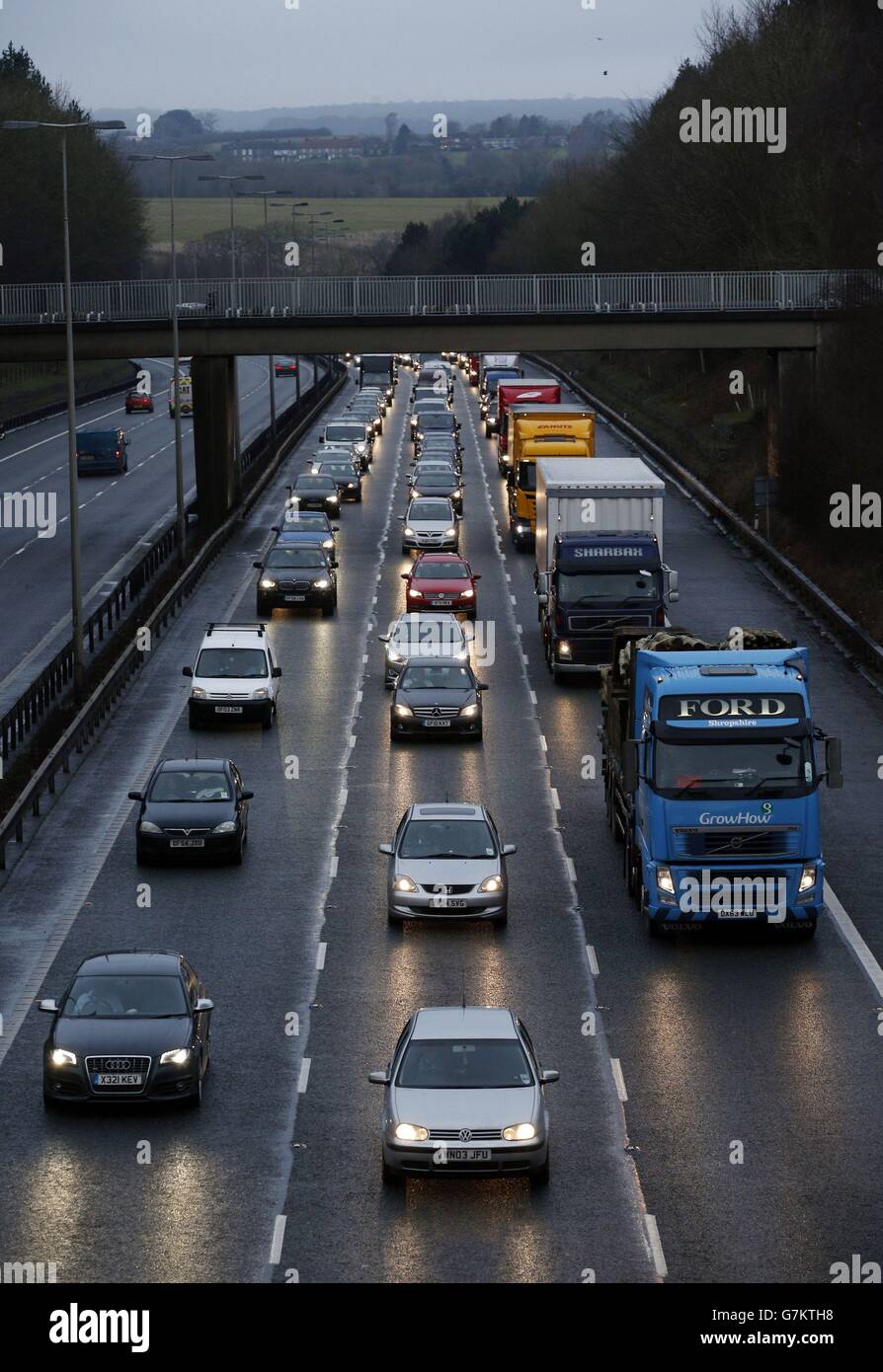 Traffic queues along the eastbound carriageway of the M40 between