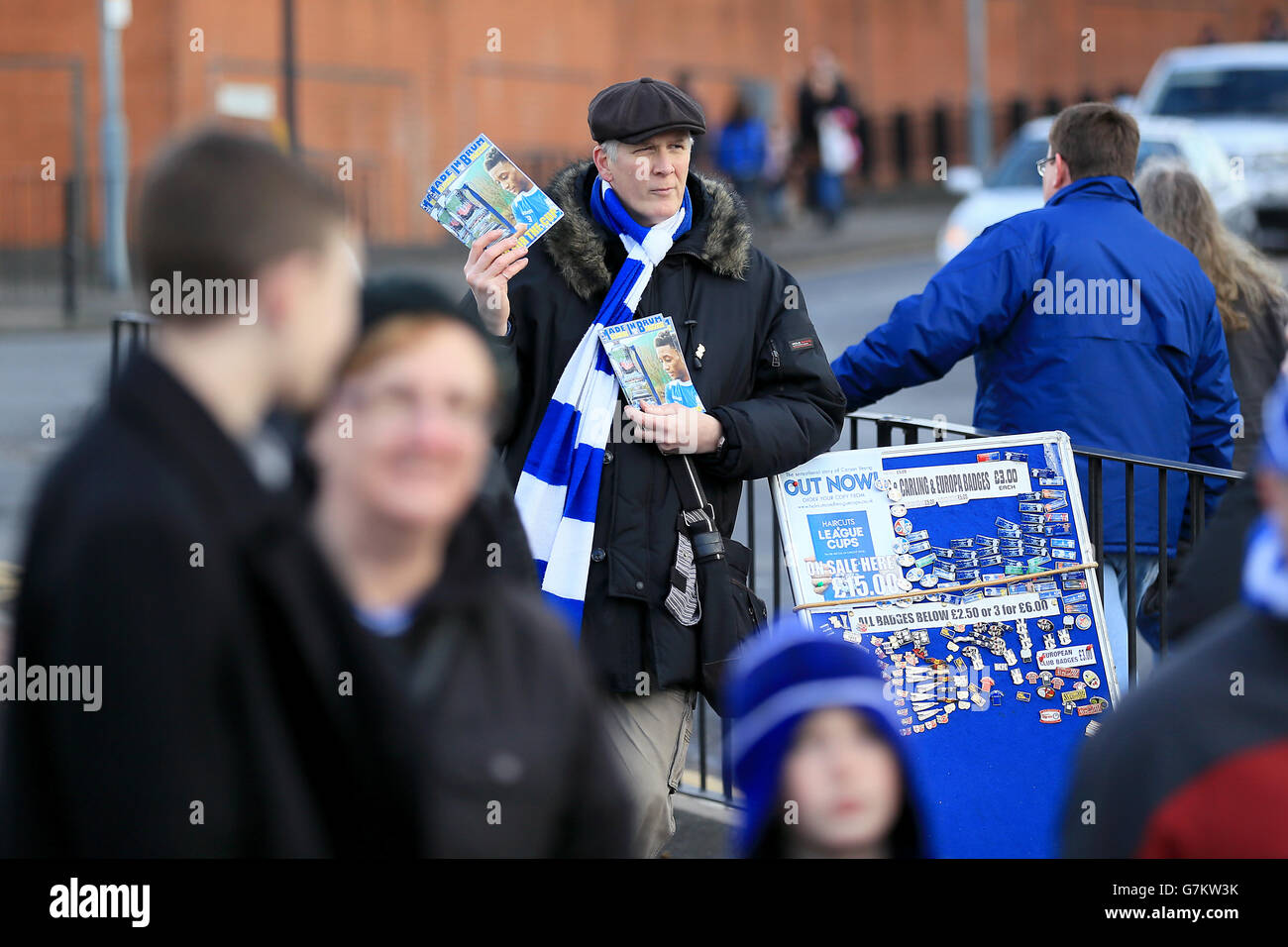 A Birmingham City program seller outside of St Andrews, Birmingham. Stock Photo