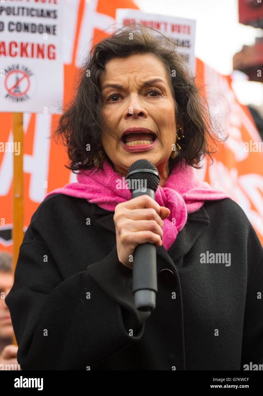 Bianca Jagger speaks at an anti-fracking rally outside the Houses of Parliament, in Westminster, central London. Stock Photo