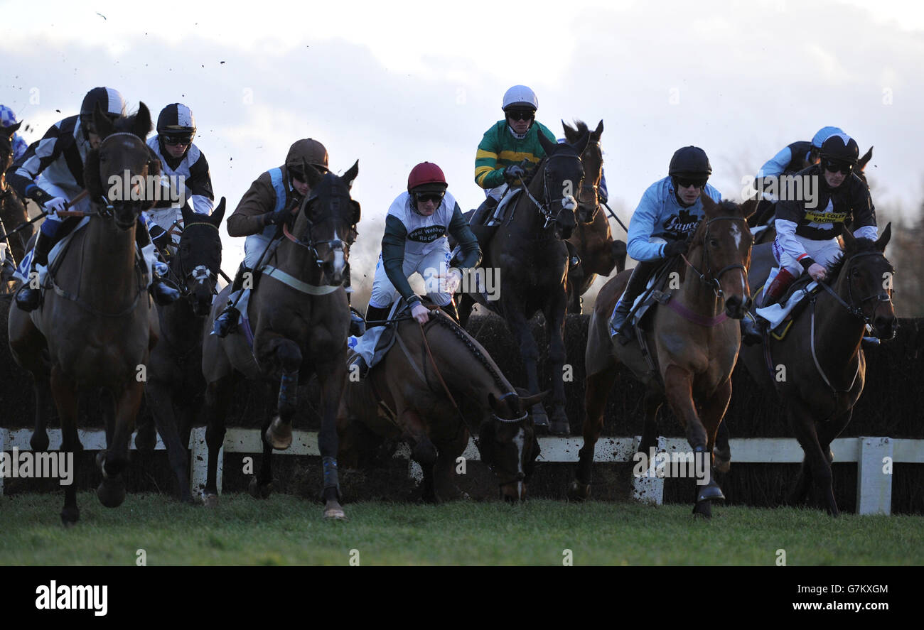 Horse Racing Leicester Racecourse. Jockey Charlie Poste takes a fall