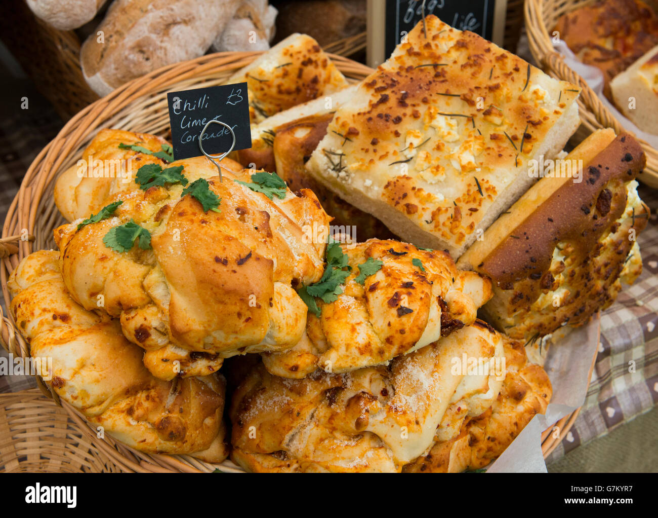 Swifts Bakery chilli, lime and coriander bread at the 2016 Shrewsbury Food Festival, Shropshire, England, UK. Stock Photo