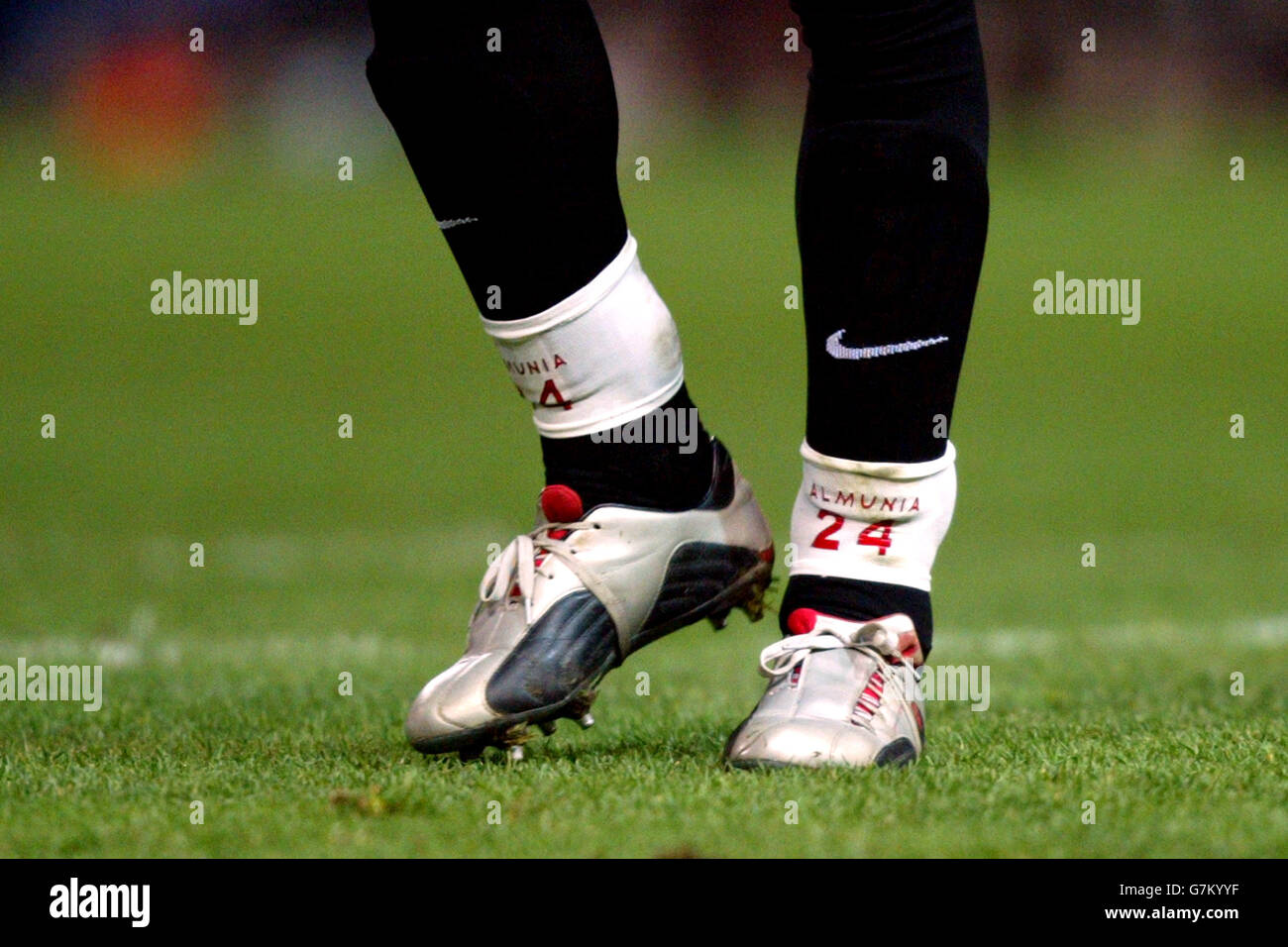 Arsenal's Manuel Almunia sports a pair of ankle supports with his squad number on Stock Photo