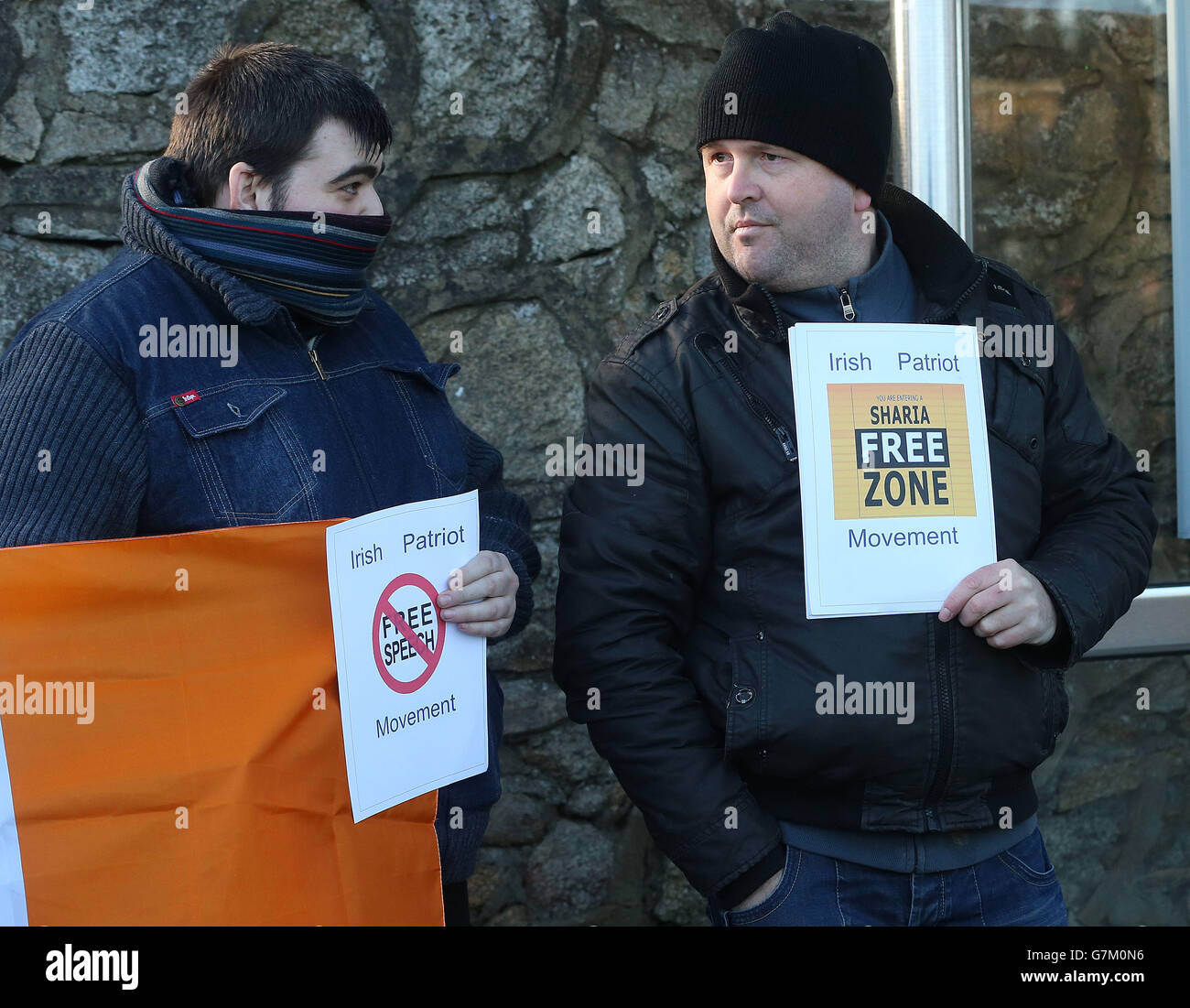 STANDALONE Photo. A small anti-Islam demonstration takes place outside Clonskeagh Mosque in Dublin, after a campaign organized on Facebook. Stock Photo