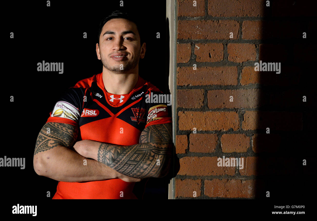 Salford Red Devils' Harrison Hanson, during the 2015 First Utility Super League Season Launch at Victoria Warehouse, Manchester. Stock Photo