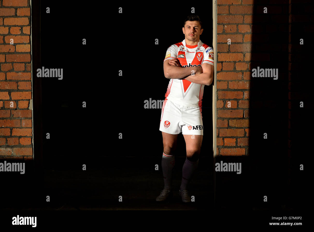 St Helens Saints' Jon Wilkin, during the 2015 First Utility Super League Season Launch at Victoria Warehouse, Manchester. Stock Photo