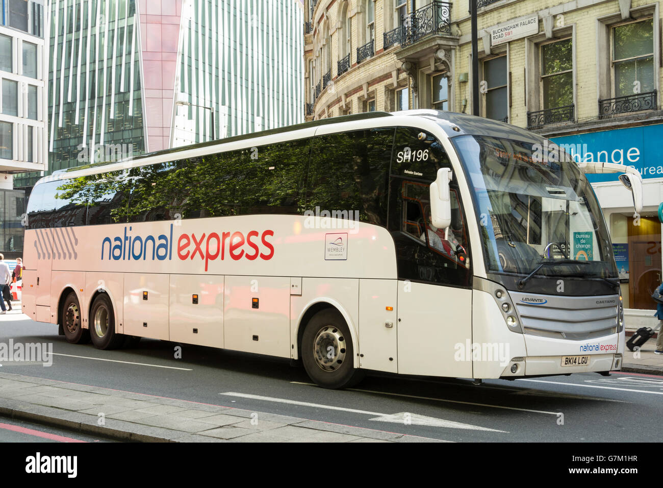 A National Express coach approaching Victoria Coach Station in central London, UK Stock Photo