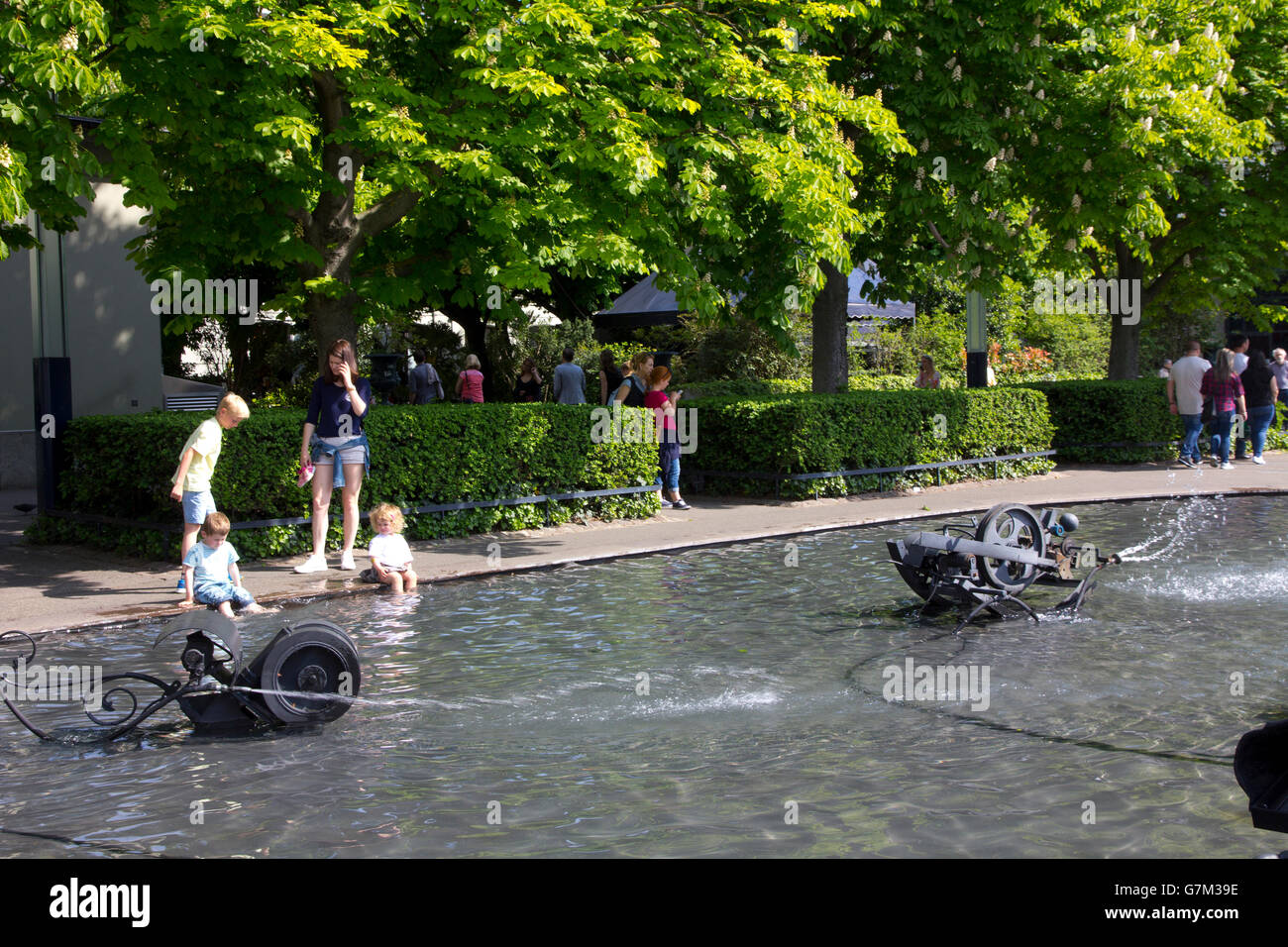 Tinguely Fountain, created by Swiss artist Jean Tinguely, features a unique ensemble of mechanical sculptures. Stock Photo