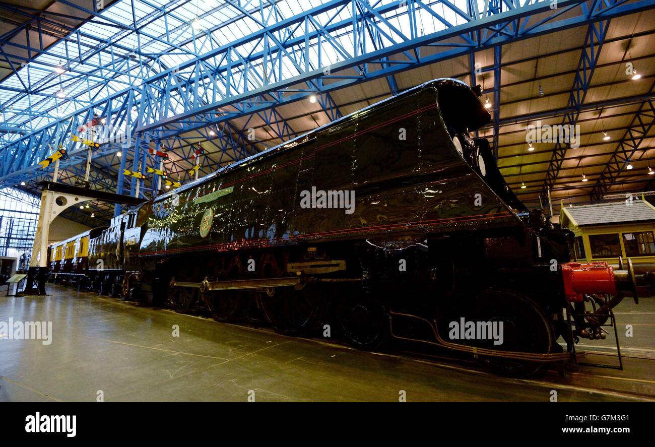 The restored locomotive 'Winston Churchill' goes on display at the National Railway Museum, York, as the nation will remember how it said farewell to its wartime leader. Stock Photo