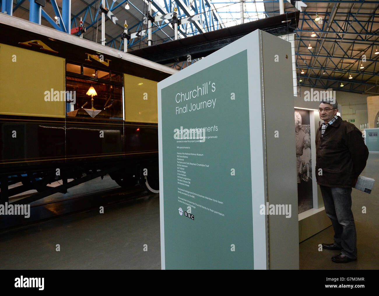 Signage advertising Churchill's Final Journey Exhibition in the Great Hall at the National Railway Museum, York, as the nation will remember how it said farewell to its wartime leader. Stock Photo