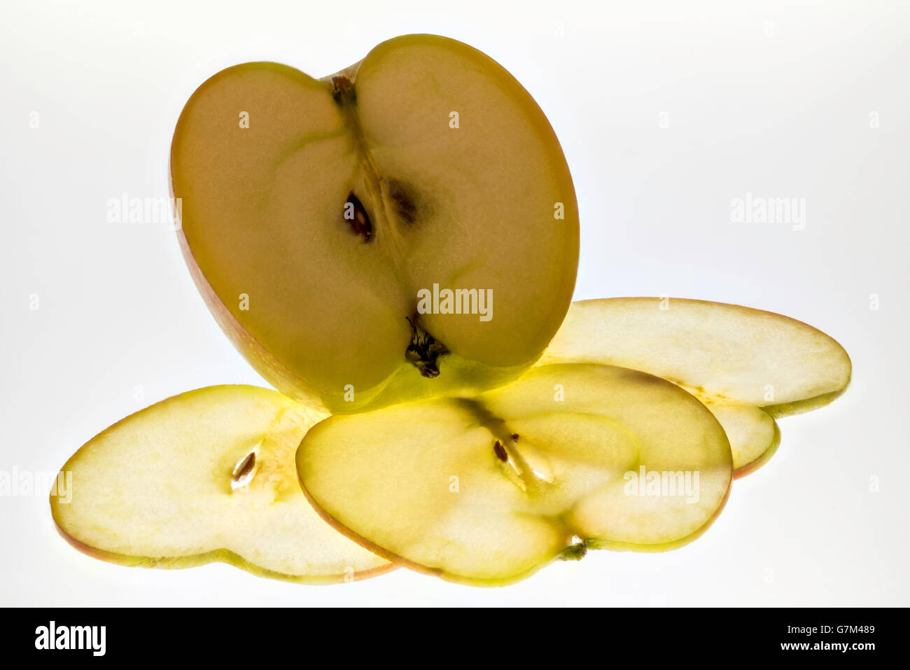 Food Art, Apple, macro depicting the fruits form and structure, isolated under studio lighting. Stock Photo