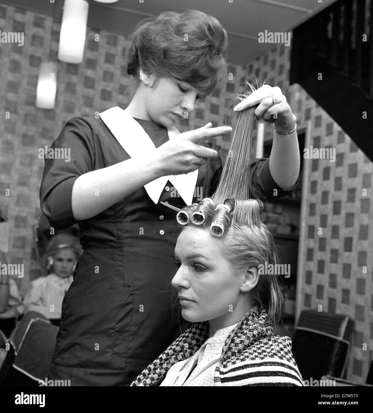 Miss Denmark Yvonne Mortensen has curlers put in her hair during a visit to La Belle salon in Aldwych. The Miss World competition takes place tomorrow night at the Lyceum Ballroom. Stock Photo