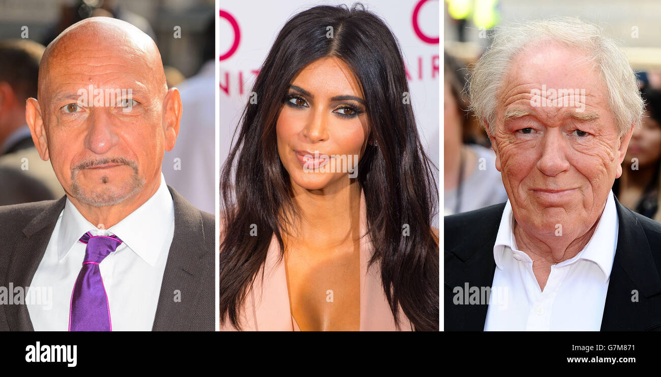 File photos of (from the left) Sir Ben Kingsley, Kim Kardashian, Sir Michael Gambon. Stock Photo