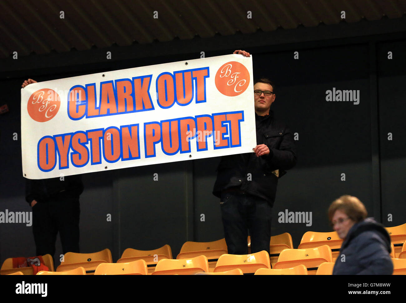Blackpool fans hold a sign reading "Clark Out Royston Puppet" during the  match Stock Photo - Alamy