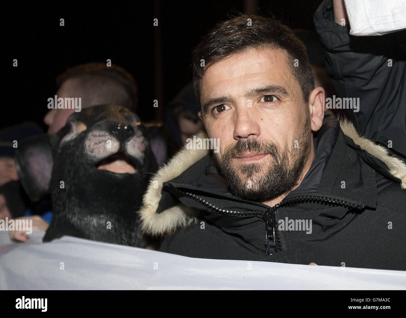 Former Rangers player Nacho Novo joins the fans protest outside the stadium prior to kick off at the Scottish Championship match at Ibrox Stadium, Glasgow. Stock Photo