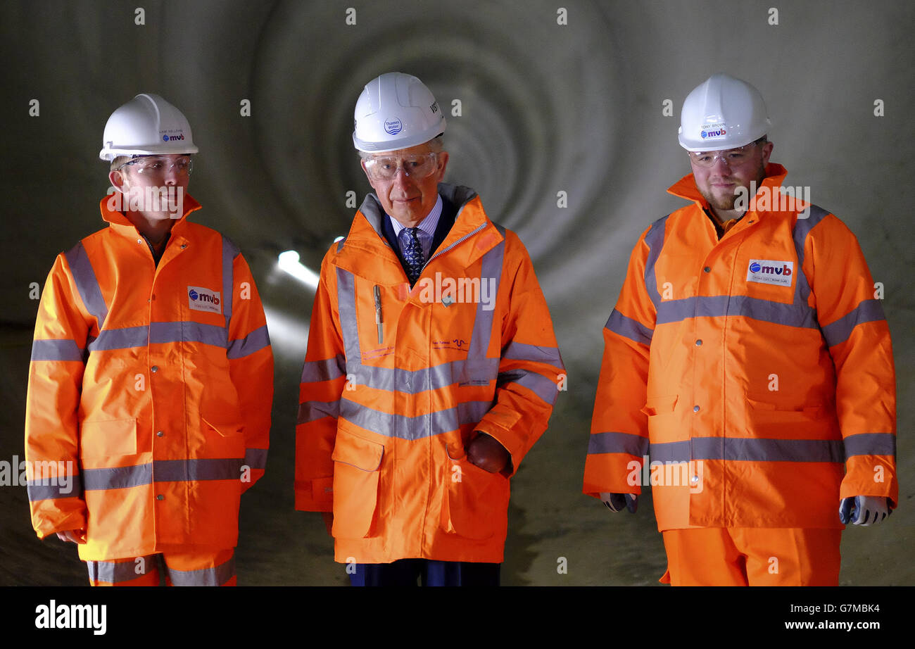 The Prince of Wales visits the recently constructed Lee Tunnel to mark the 150th anniversary of London's sewer network at the Abbey Mills Pumping Station in east London Stock Photo