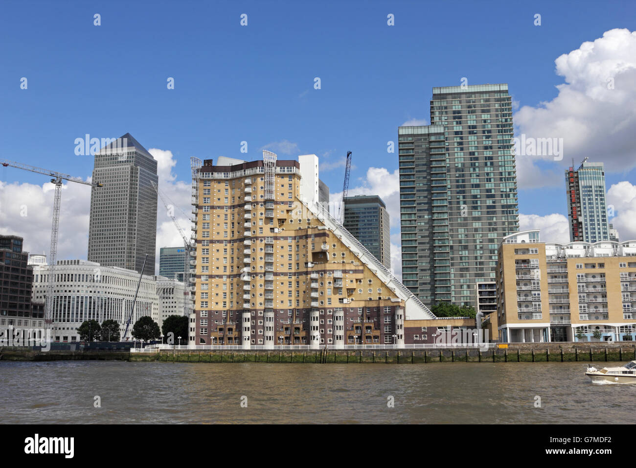 Canary Wharf in Docklands from the River Thames, London England UK ...