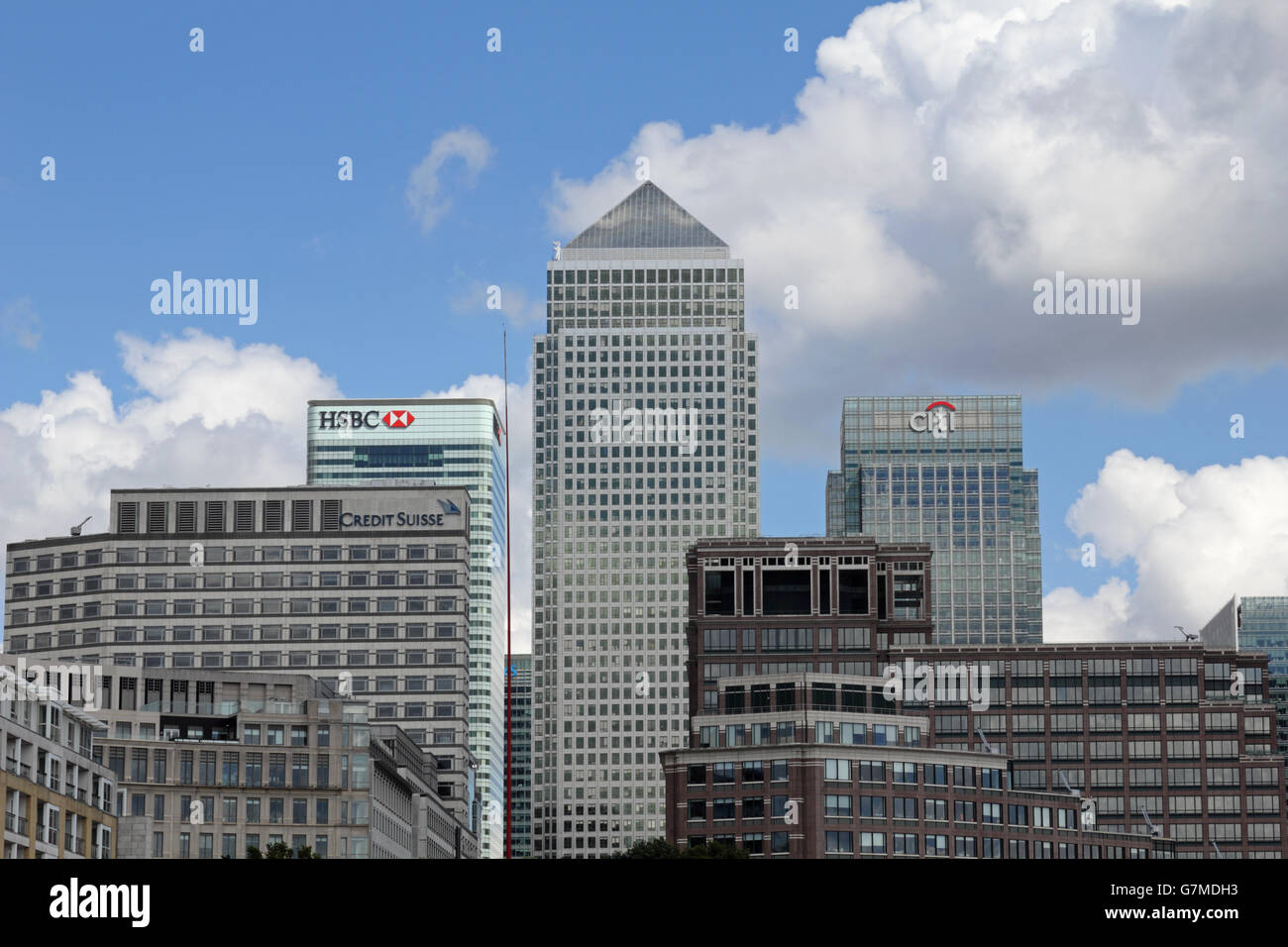Canary Wharf in Docklands from the River Thames, London England UK ...
