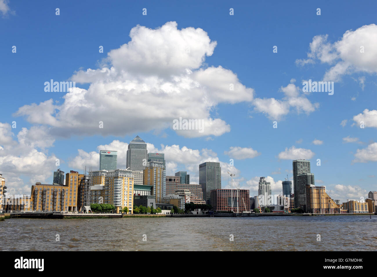 View of Canary Wharf in Docklands from the River Thames, London England ...