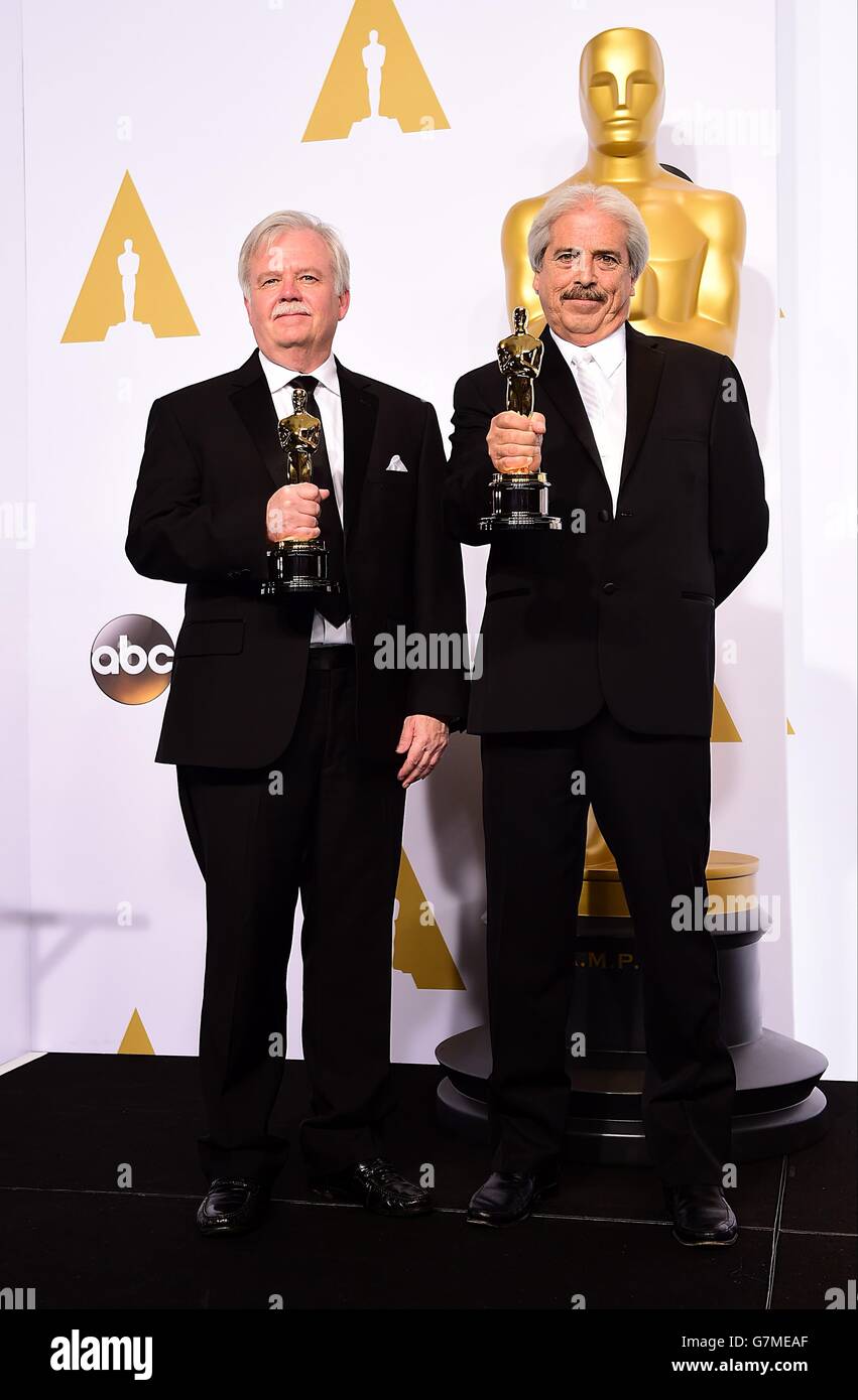 Alan Robert Murray (right) and Bub Asman with the award for best sound editing for 'American Sniper', in the press room of the 87th Academy Awards held at the Dolby Theatre in Hollywood, Los Angeles, CA, USA, February 22, 2015. Stock Photo