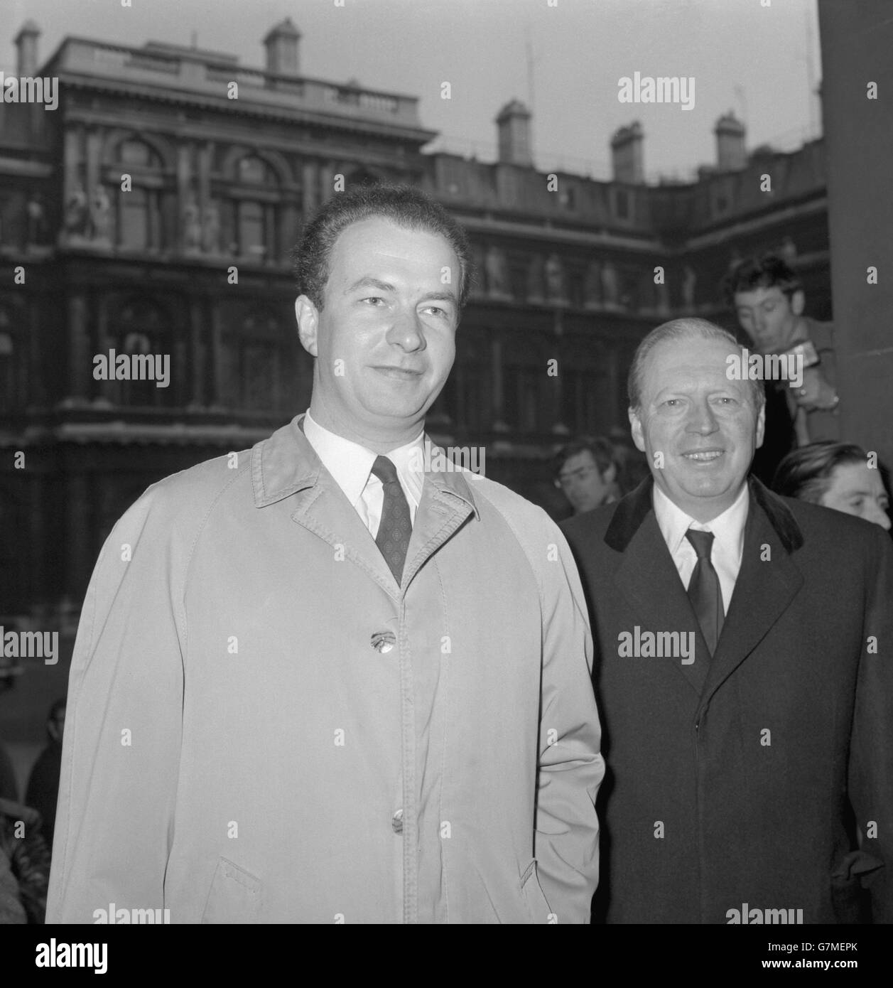 Herr Wolf Hess (l), son of Rudolf Hess, the 75-year-old former Nazi deputy leader, and Airey Neave, Conservative MP for Abingdon, arriving at the Foreign Office in London. They were seeing George Thomson, Chancellor of the Duchy of Lancaster and Minister responsible for European Affairs. Herr Hess flew into London to ask Neave's help in his campaign to obtain the release of his father, whip is ill in a British military hospital after being in Spandau Prison, Berlin, for 25 years. Mr Neave was the officer who served the war crimes indictment on Hess before the Nuremberg trials. Stock Photo