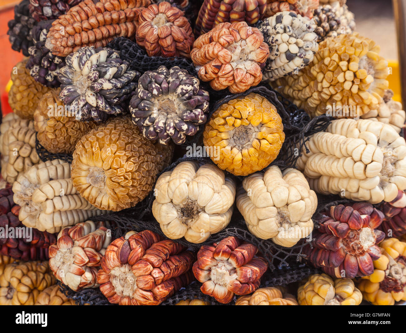 Colourful varieties of dried corn on sale at the San Pedro market in Cusco, Peru Stock Photo