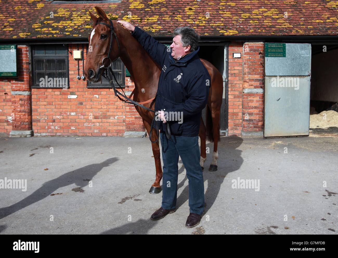 Trainer Paul Nicholls pictured with Silviniaco Conti during the visit to Manor Farm Stables, Ditcheat. Stock Photo