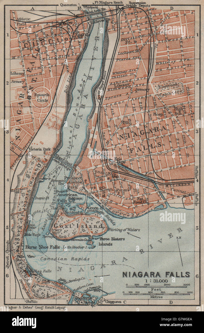NIAGARA FALLS vintage town city plan. New York State. BAEDEKER, 1922 old map Stock Photo