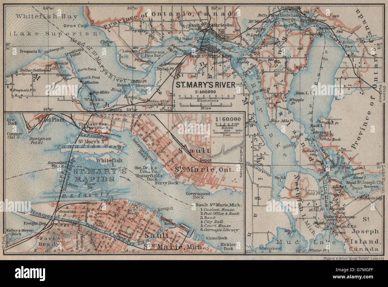 ST MARYS RIVER/RAPIDS. Sault-Ste-Marie town plan. Michigan/Ontario, 1922 map Stock Photo