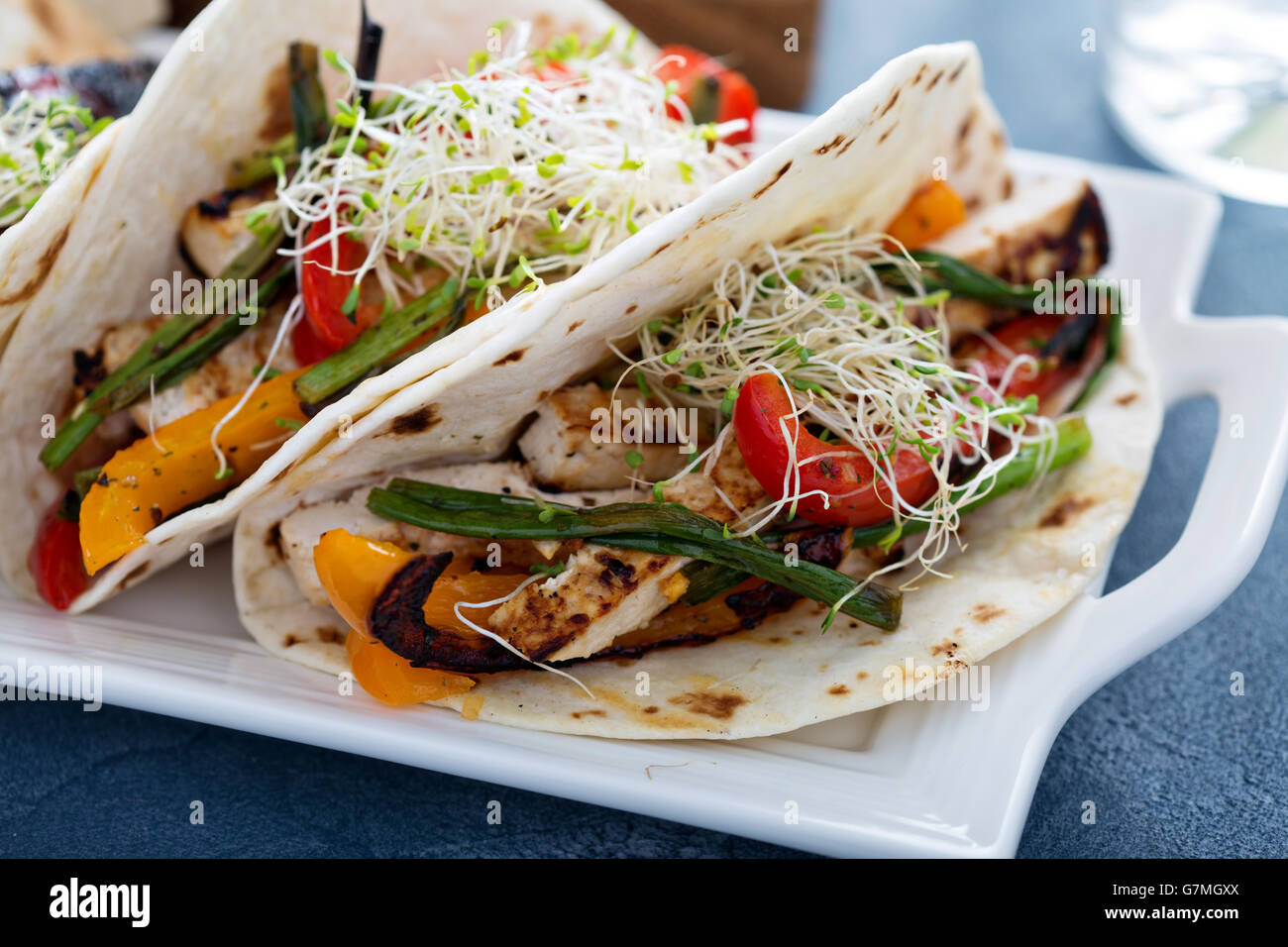 Vegan tacos with grilled tofu and vegetables Stock Photo