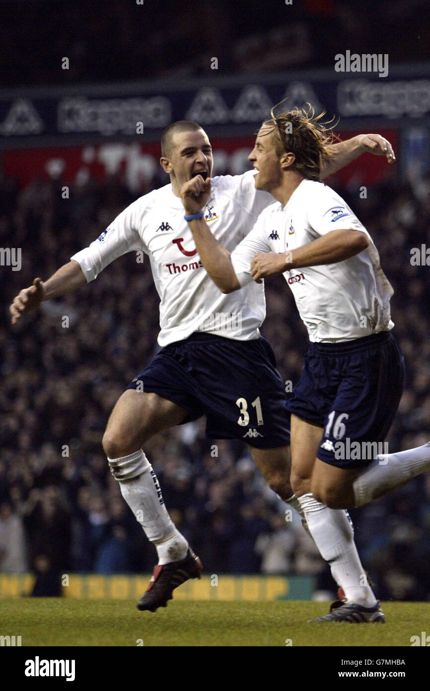 Soccer - FA Barclays Premiership - Tottenham Hotspur v Everton. Tottenham Hotspur's Reto Ziegler celebrates his goal with fellow scorer Dean Marney against Everton. Stock Photo