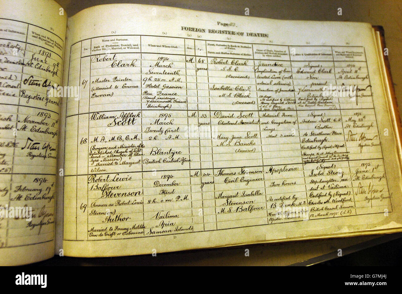 A register of deaths records the death of author Robert Lewis Stevenson (known as Robert Louis Stevenson). Stock Photo