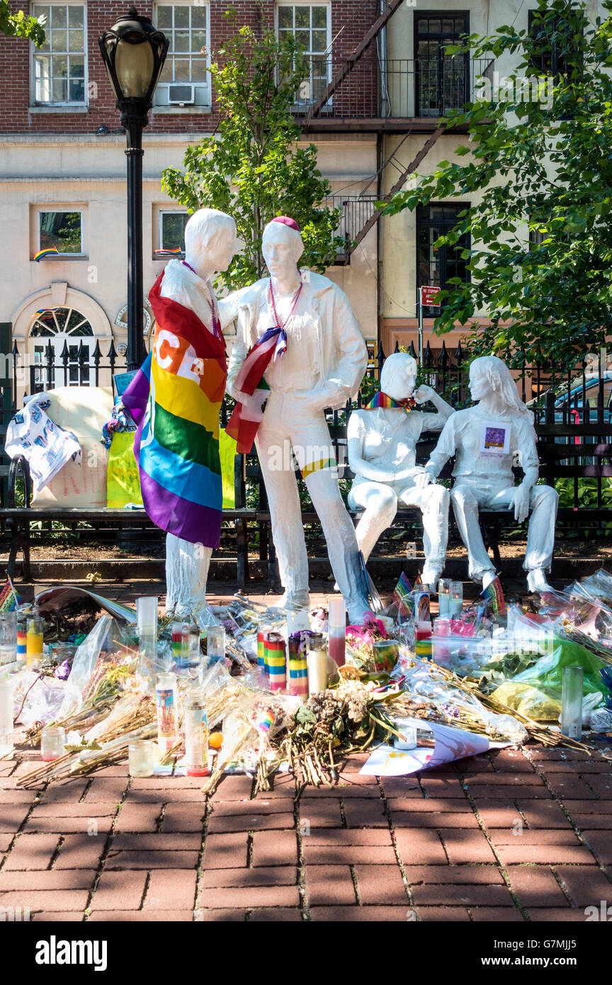 The Gay Liberation Monument in Christopher Park near the Stonewall Inn in Greenwich Village in