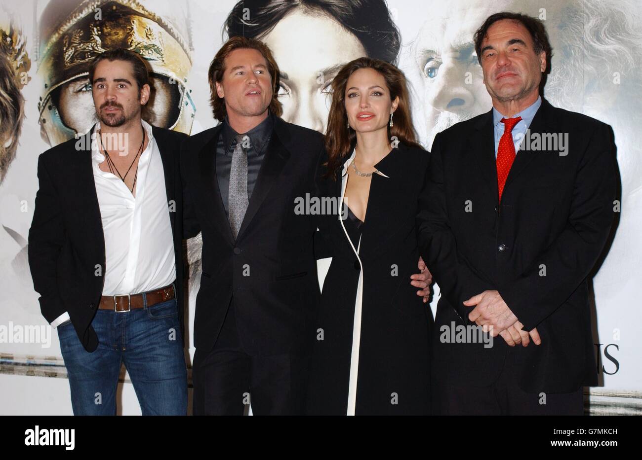 (From left to right) stars of the film Colin Farrell, Val Kilmer and Angelina Jolie with director Oliver Stone. Stock Photo